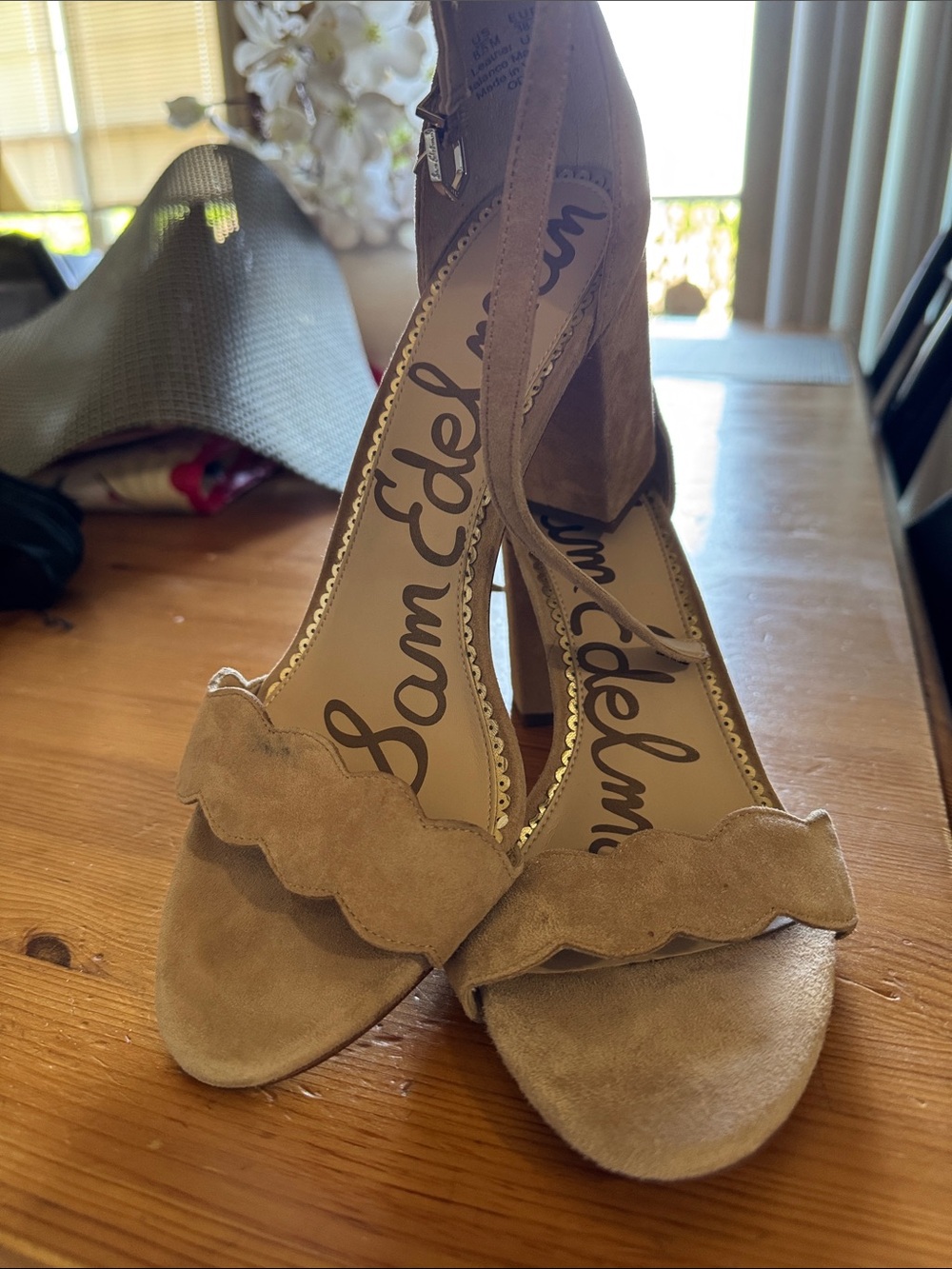 Sam Edelman Tan Suede Scallop Strap Block Heels